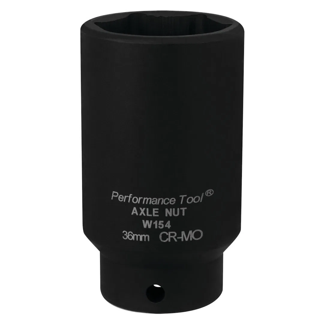 W154 – PERFORM TOOL Socket, 1/2 Inch Drive 36 Millimeter Metric Front Wheel Drive Axle Nut Socket Black Chrome Moly S...